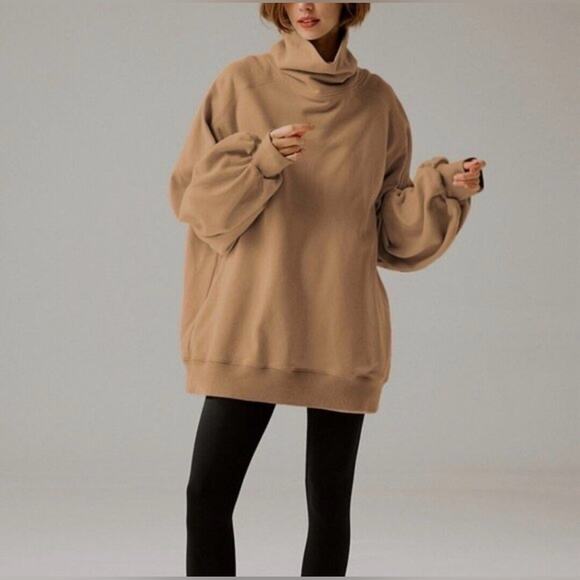 Lit Active Tops - LIT Active Women's Whisper Oversized Funnel Neck Sweatshirt - Tan - XL